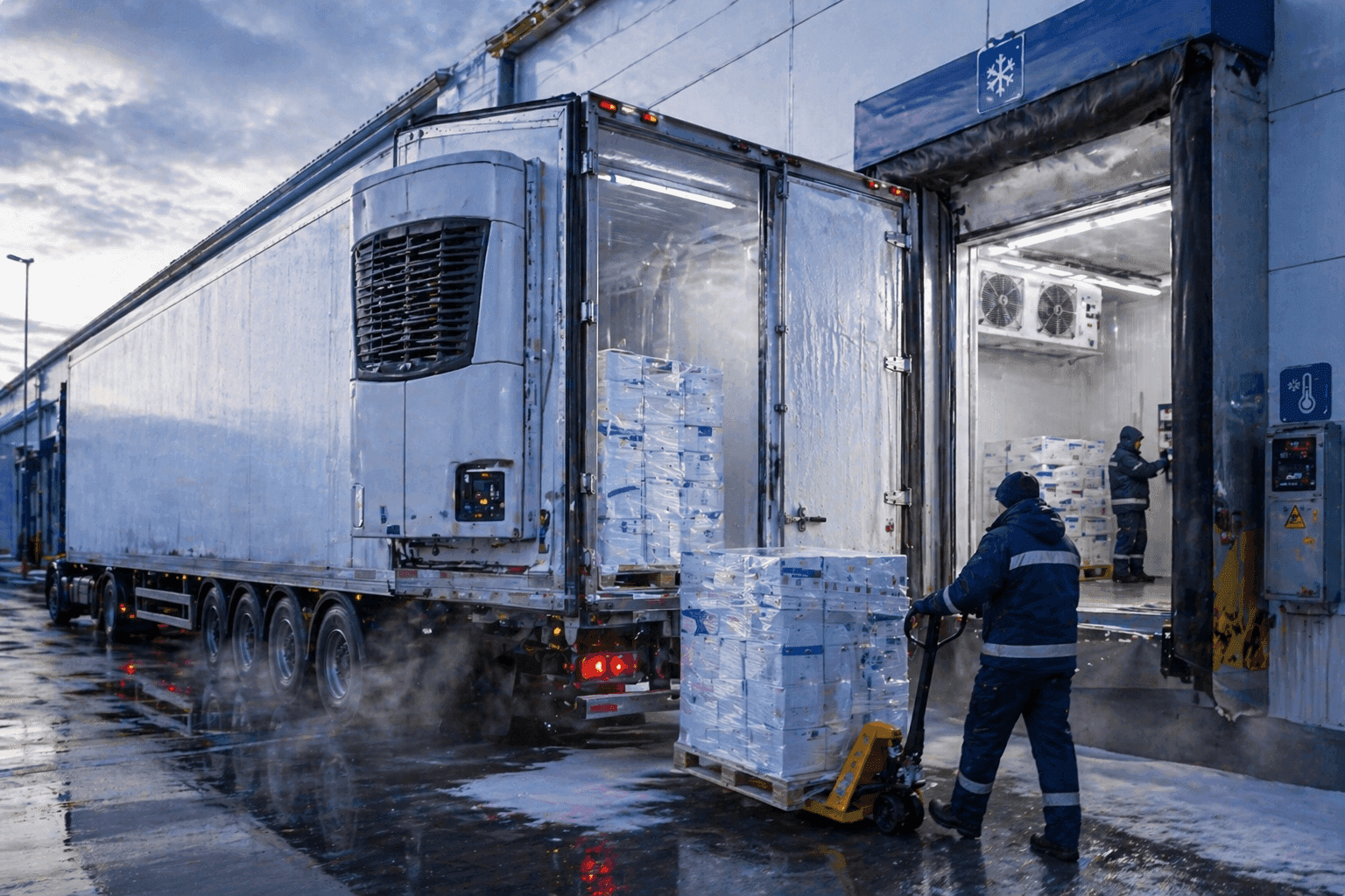 Worker loading palletized goods into a refrigerated truck at a cold storage dock, with visible condensation and temperature control equipment in use.
