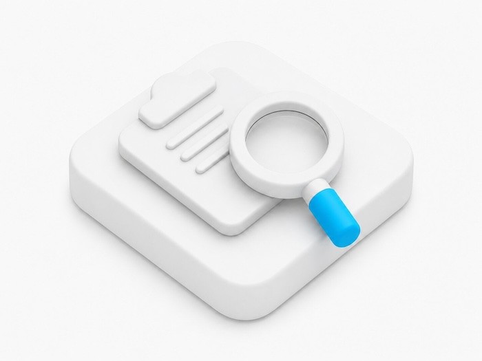 A white magnifying glass placed over a white document or tablet, set against a white background.