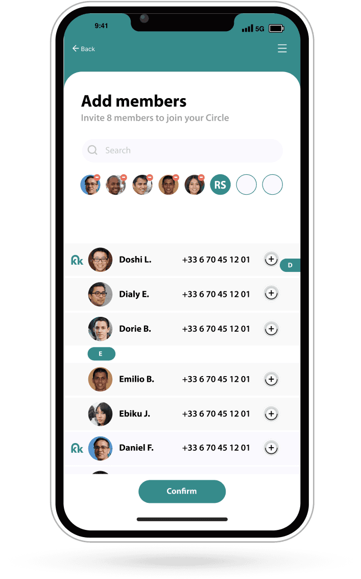 A mobile screen displaying a list of contacts with profile icons, names, and contact information options.
