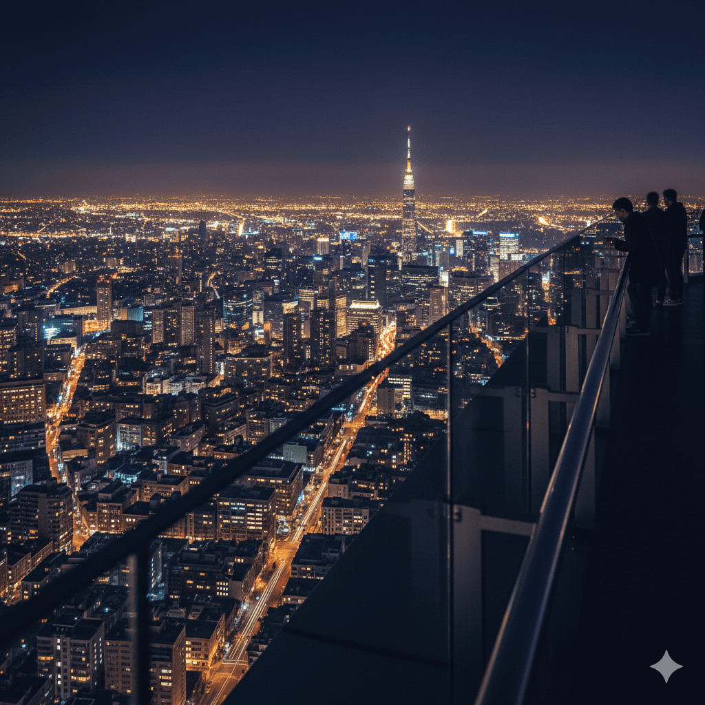 Panoramic night view of the city skyline from high observatory deck