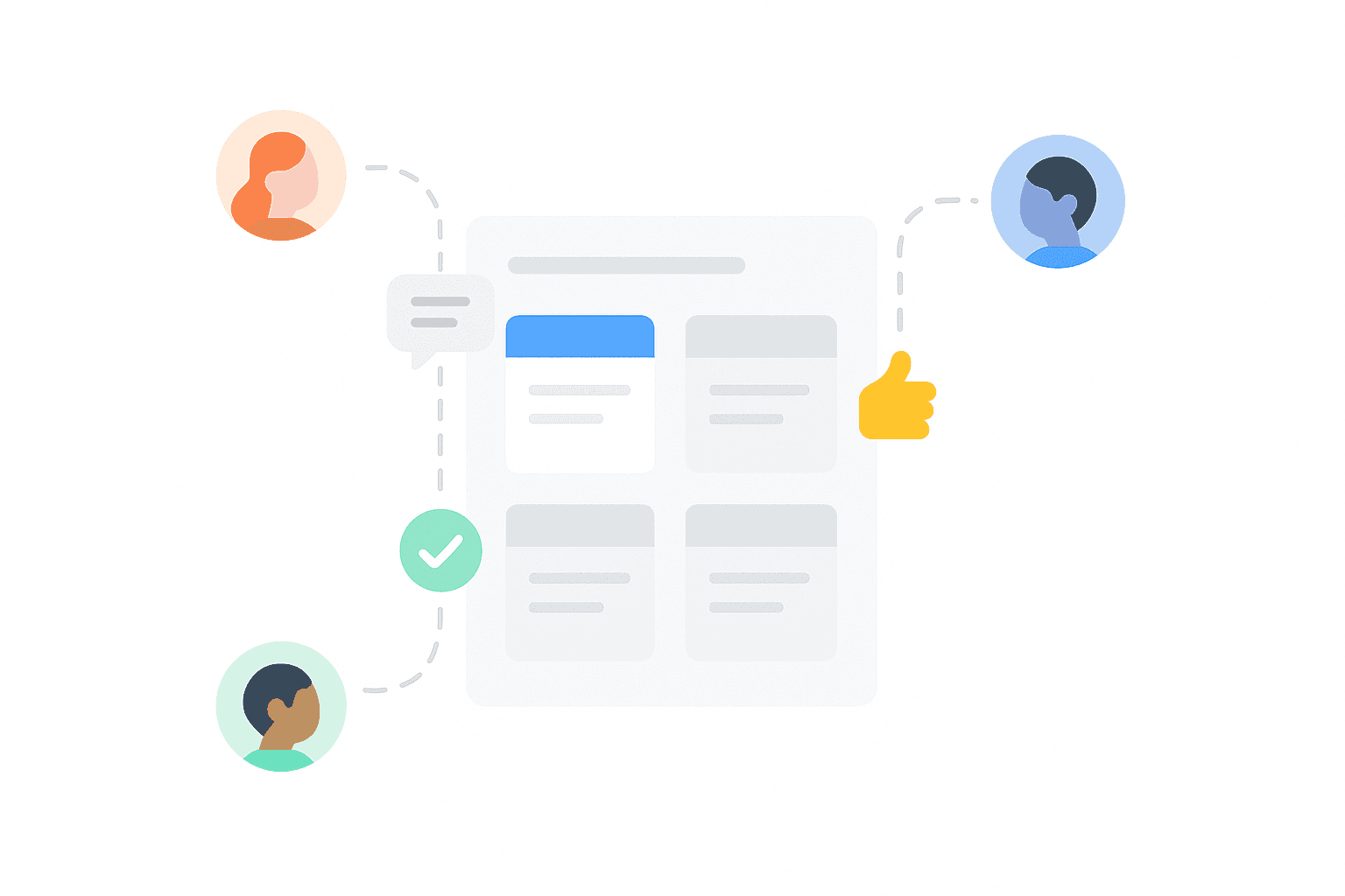 Illustration of a digital backlog with team member avatars asynchronously leaving comments and reactions, symbolizing remote collaboration.