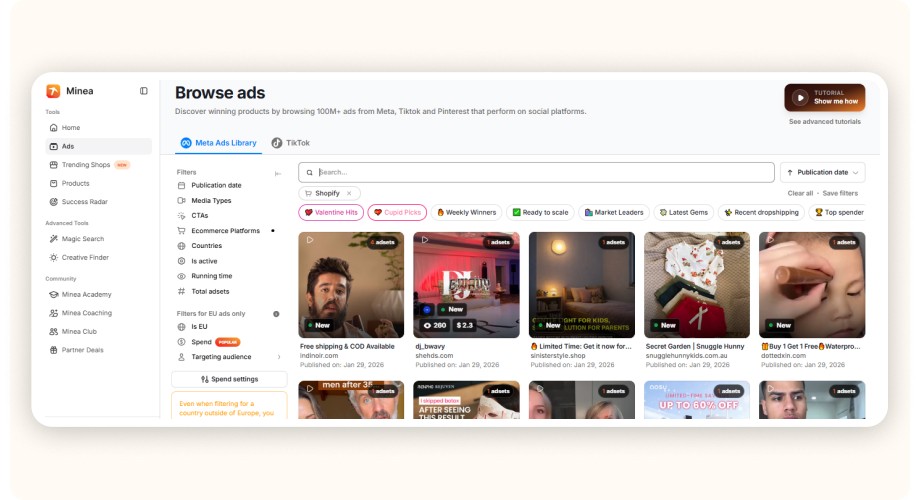 Minea “Browse ads” section