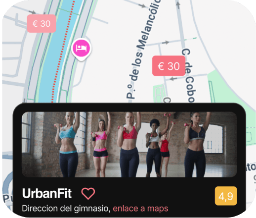 Vista previa de Fitters mostrando gimnasios cercanos en un mapa interactivo