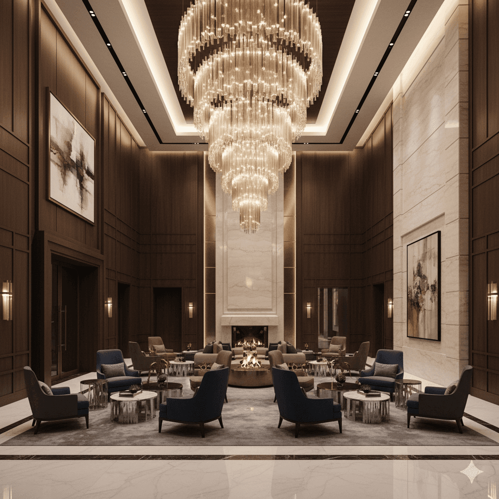 Elegant interior of the podium-level clubhouse lounge with designer furniture, luxury Gurgaon homes