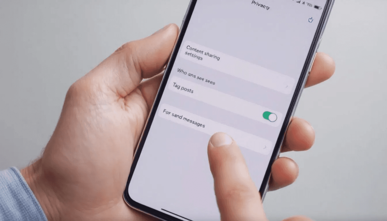 A social media user is reviewing content sharing permissions on their smartphone, ensuring they understand how their posts and user-generated content will be shared across various social media platforms. The screen displays options related to privacy settings, allowing the user to manage their interactions with friends and followers.