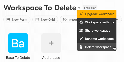 Airtable delete workspace