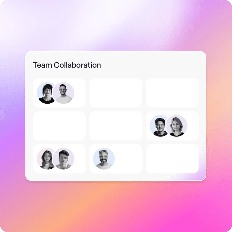 A digital dashboard titled "Team Collaboration" displays a grid layout with six circular avatar photos against a soft gradient background of pink, purple, and orange hues.
