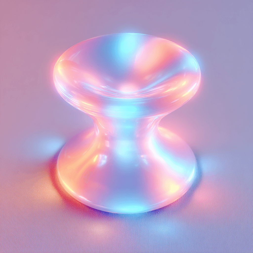 An abstract image of a throphy, in a holographic hue and color. There is some blue light reflecting from trhought the throphy to the base it is placed on. 