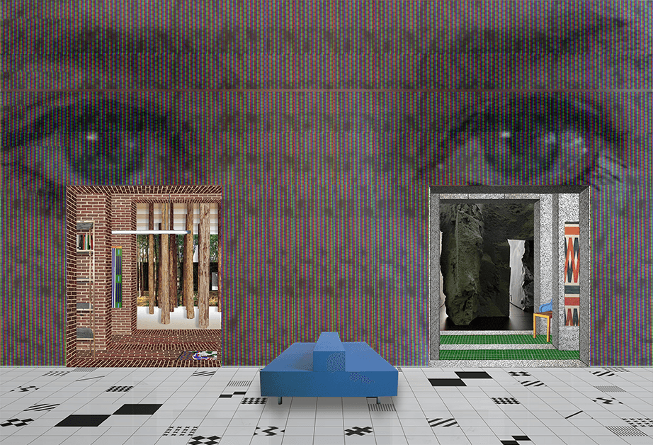 A blue bench sits on a tiled floor with black and white geometric patterns. Behind it, a brick wall displays a brick building with columns and windows. To the right, a doorway reveals a stone structure with colorful abstract designs. A large face is visible in the upper left corner, partially obscured by the brick wall. The scene is rendered in a pixelated, retro style.