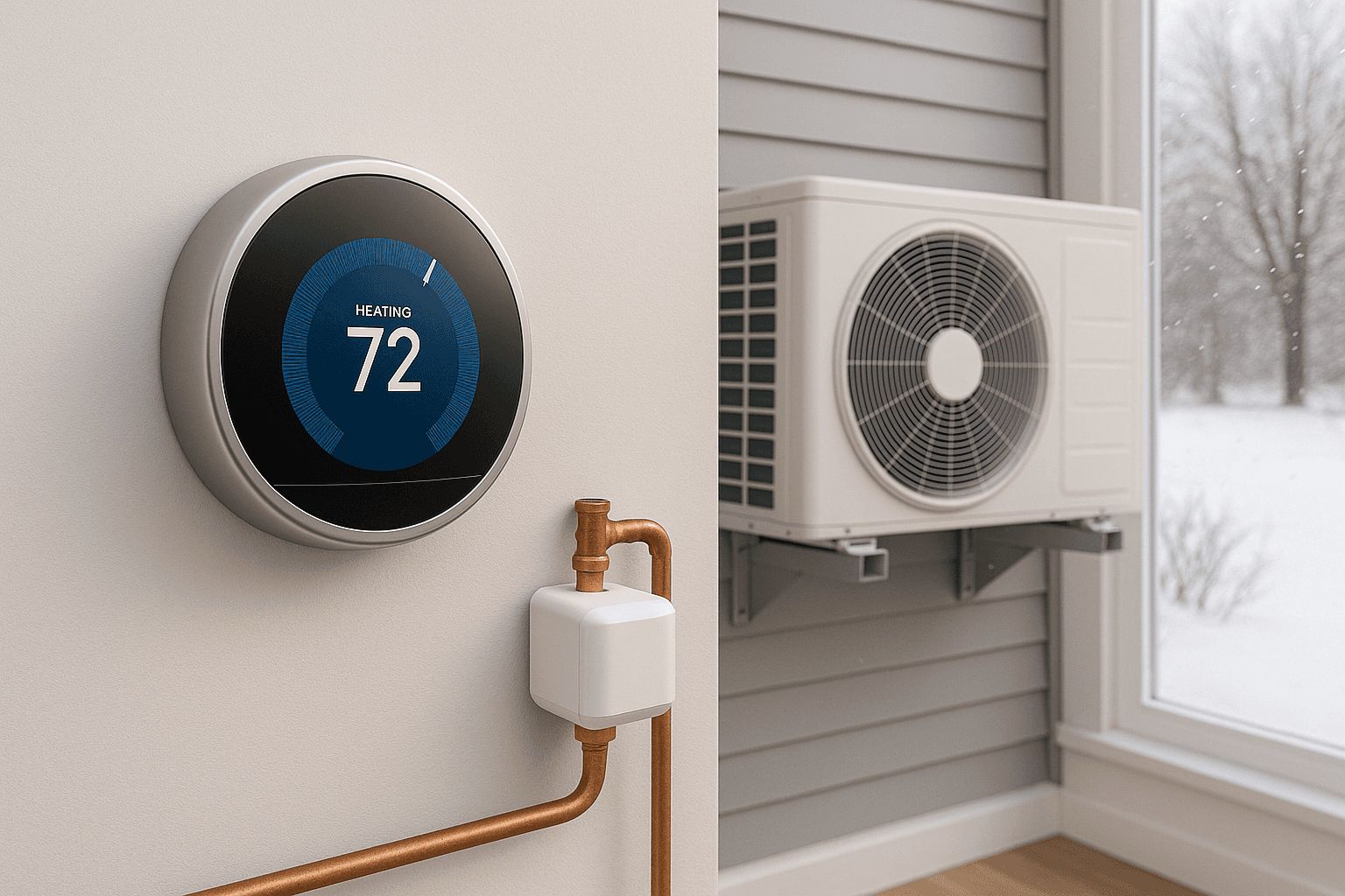 HVAC thermostat and air conditioning unit in a Chilliwack home, serving Fraser Valley, British Columbia.