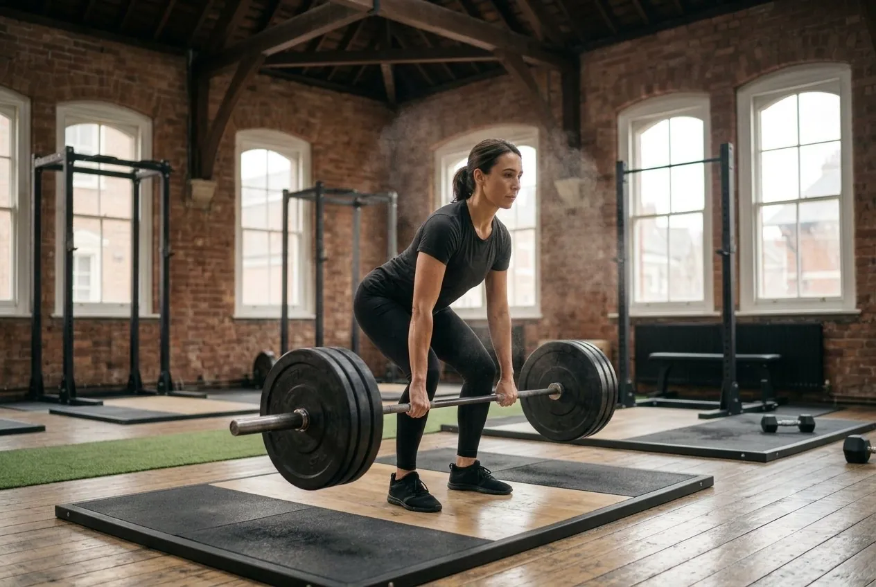 Woman lifting weights with trainer watching