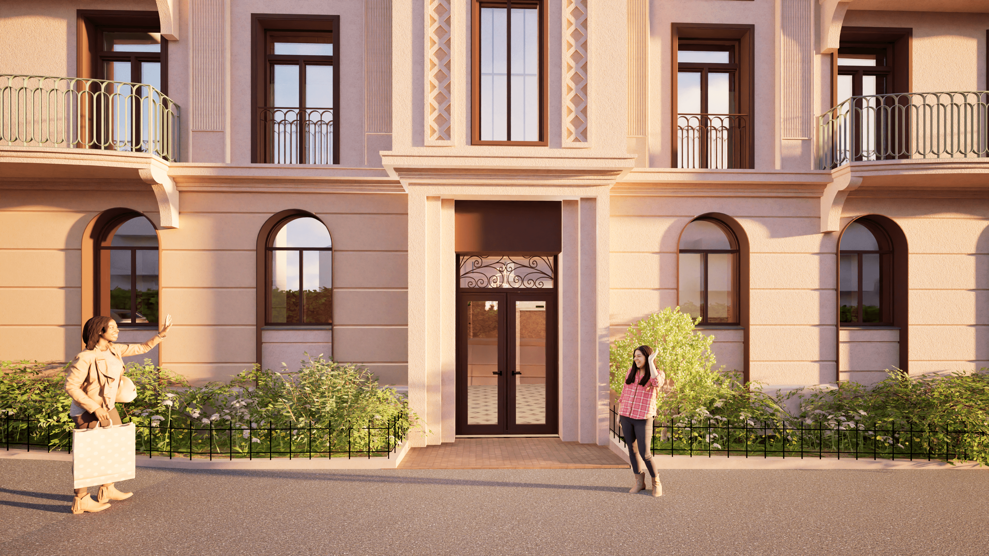 Detalj av fasade i HasleHaven med balkong, planter og store vinduer i varme materialer