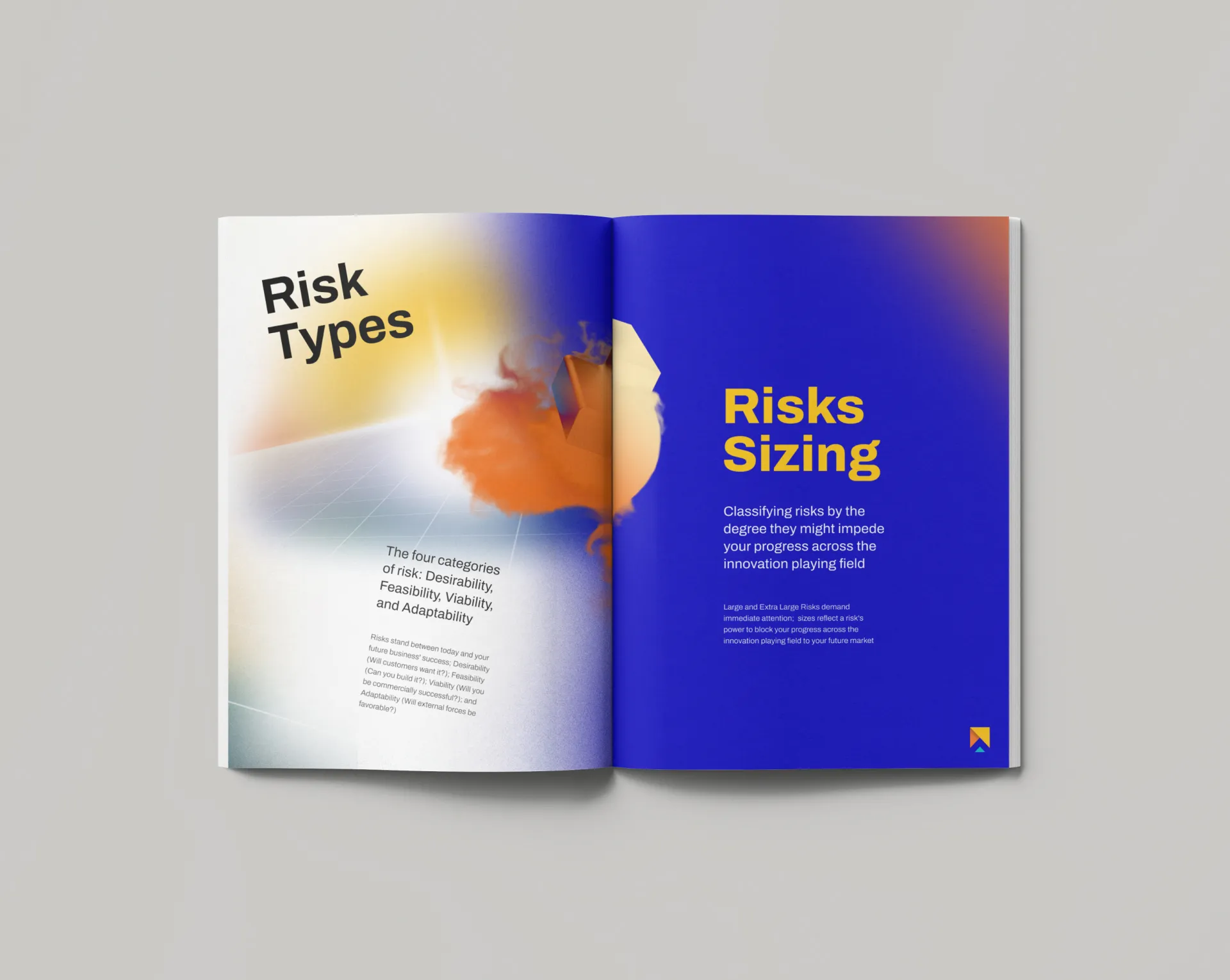 An open book displaying colorful pages, with one side featuring bold text and graphics on a blue background.