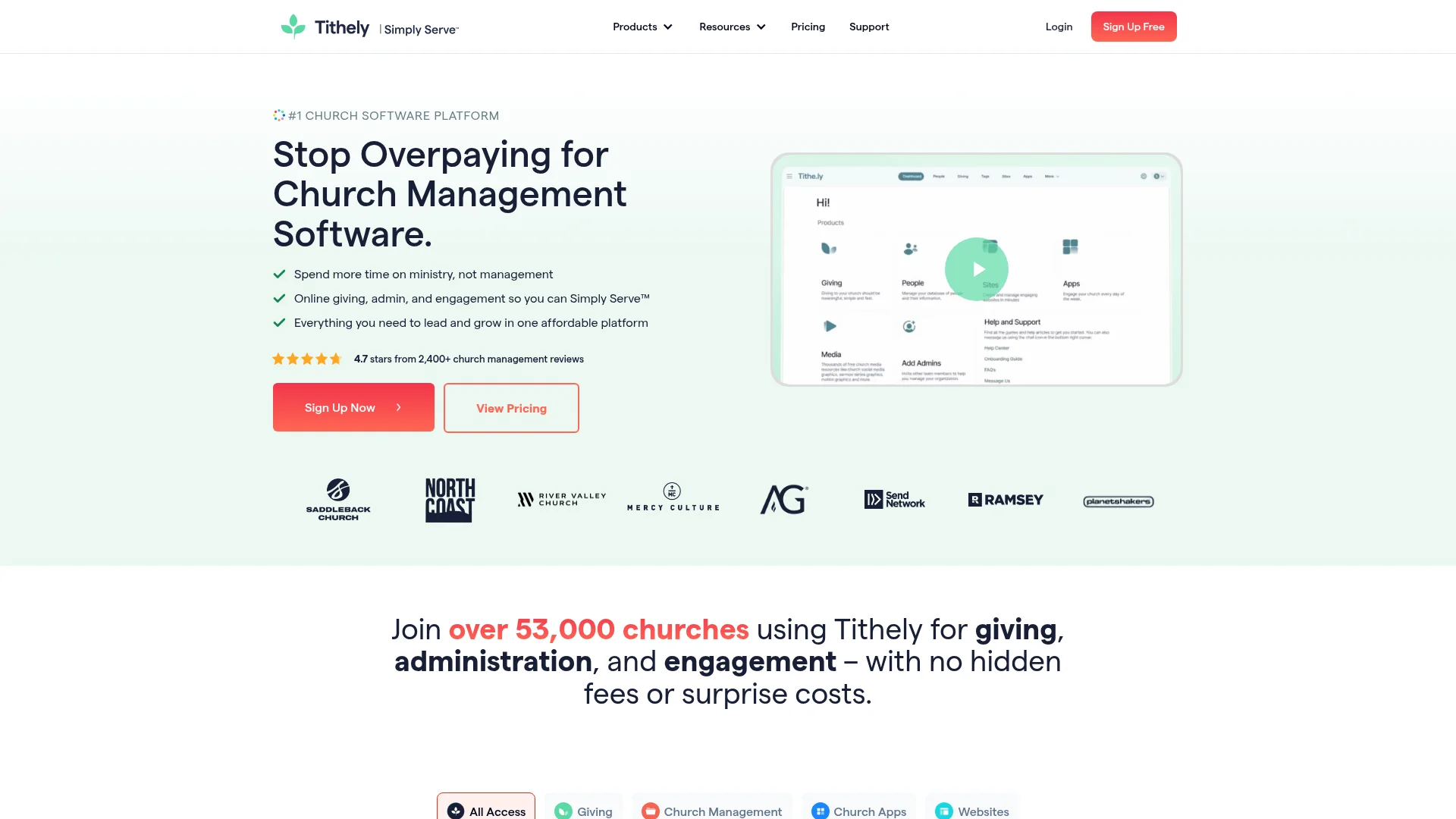 Tithely church giving and app platform homepage