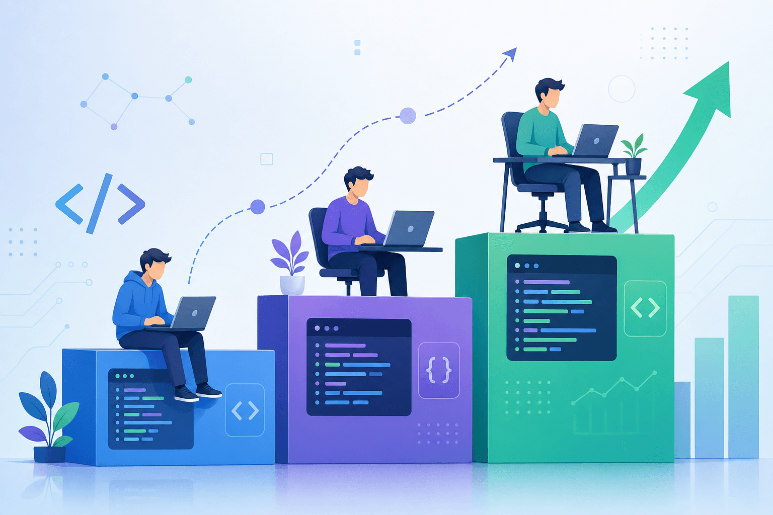 A clean, modern illustration showing career progression in software engineering. Display three ascending steps or levels representing junior to mid-level career growth. Use a tech-inspired color palette with blues, purples, and greens. Include abstract representations of coding symbols like brackets, code snippets (as visual patterns, not readable text), laptop computers, and upward trending arrows. The style should be minimalist, professional, and optimistic, conveying growth and opportunity in the tech industry.