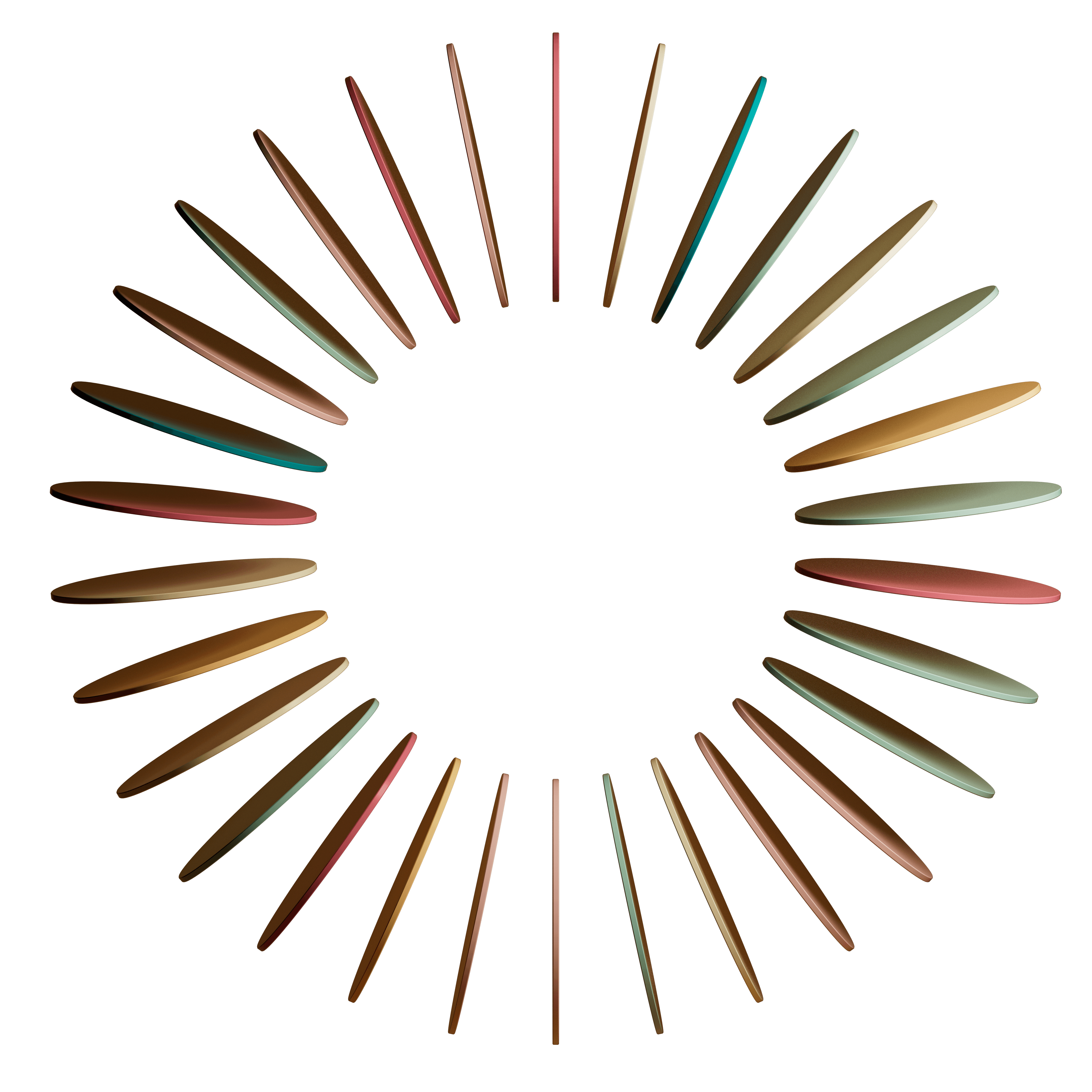 Abstract sunburst of colourful tapered blades arranged in a circular bloom