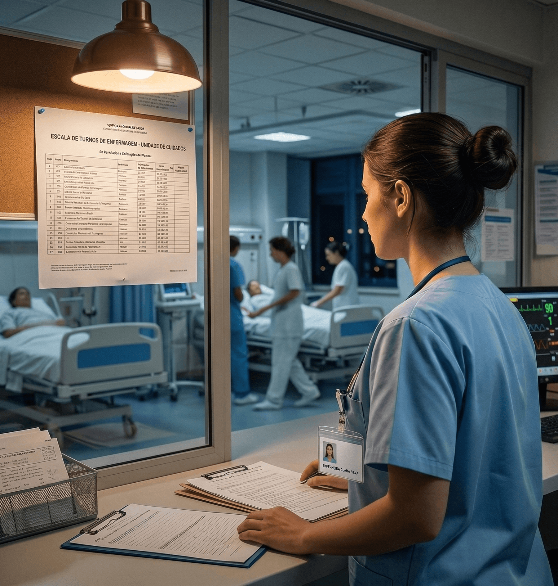 Enfermeira em unidade de cuidados hospitalares a consultar escala de turnos de enfermagem, com monitorização de pacientes ao fundo