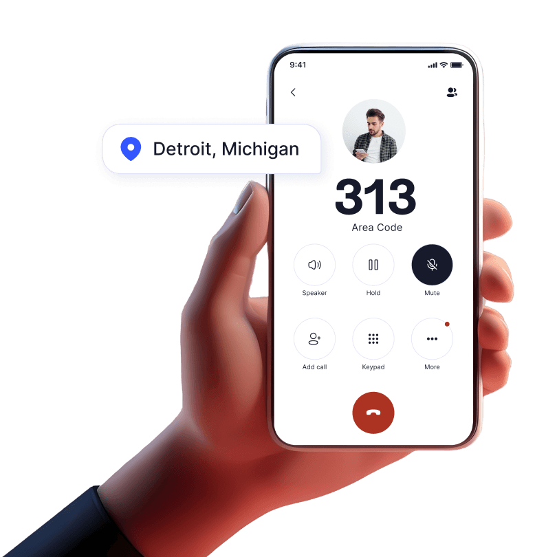 Hand holding mobile device with incoming call from 313 area code using LinkedPhone 2nd phone number mobile app