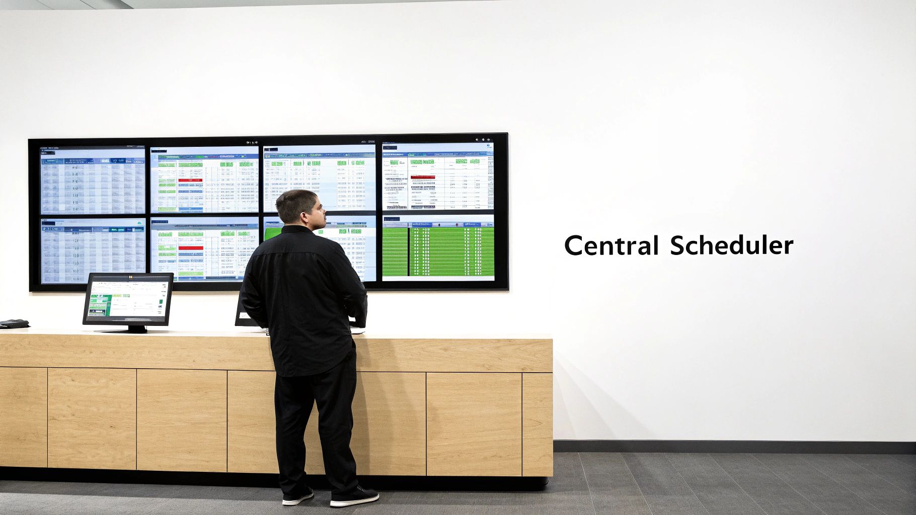 A man in a black shirt monitors multiple screens displaying data in a control room.