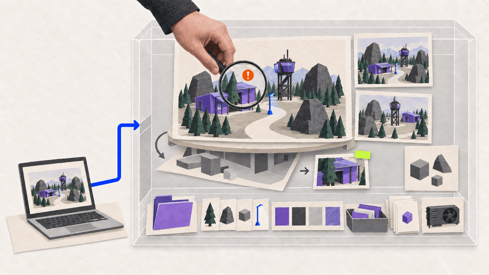 A lightweight device connects to a remote Unity workspace where a forest environment is inspected from multiple angles and reviewed using project and performance evidence.