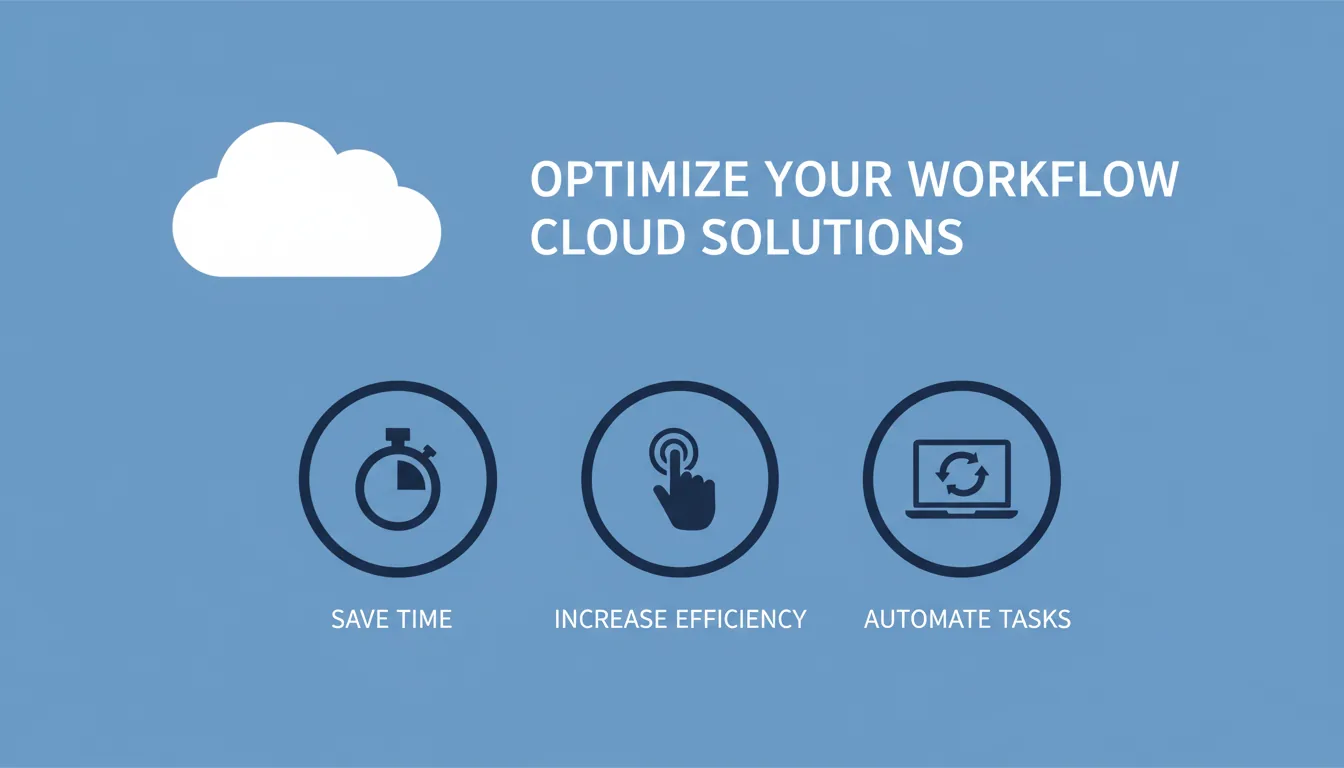 SaaS marketing graphic with a modern flat design, featuring a header and a three-column icon list on a solid medium-blue background. The header consists of a large white cloud icon next to two lines of abstracted, white sans-serif text. Below, a horizontal row of three circular icons with dark navy blue rings: the first icon is a dark blue stopwatch; the second is a stylized hand clicking; the third is a laptop with circular arrows. Each icon has a single line of small, abstracted white text underneath. The color palette is composed of medium blue, dark navy blue, and white.