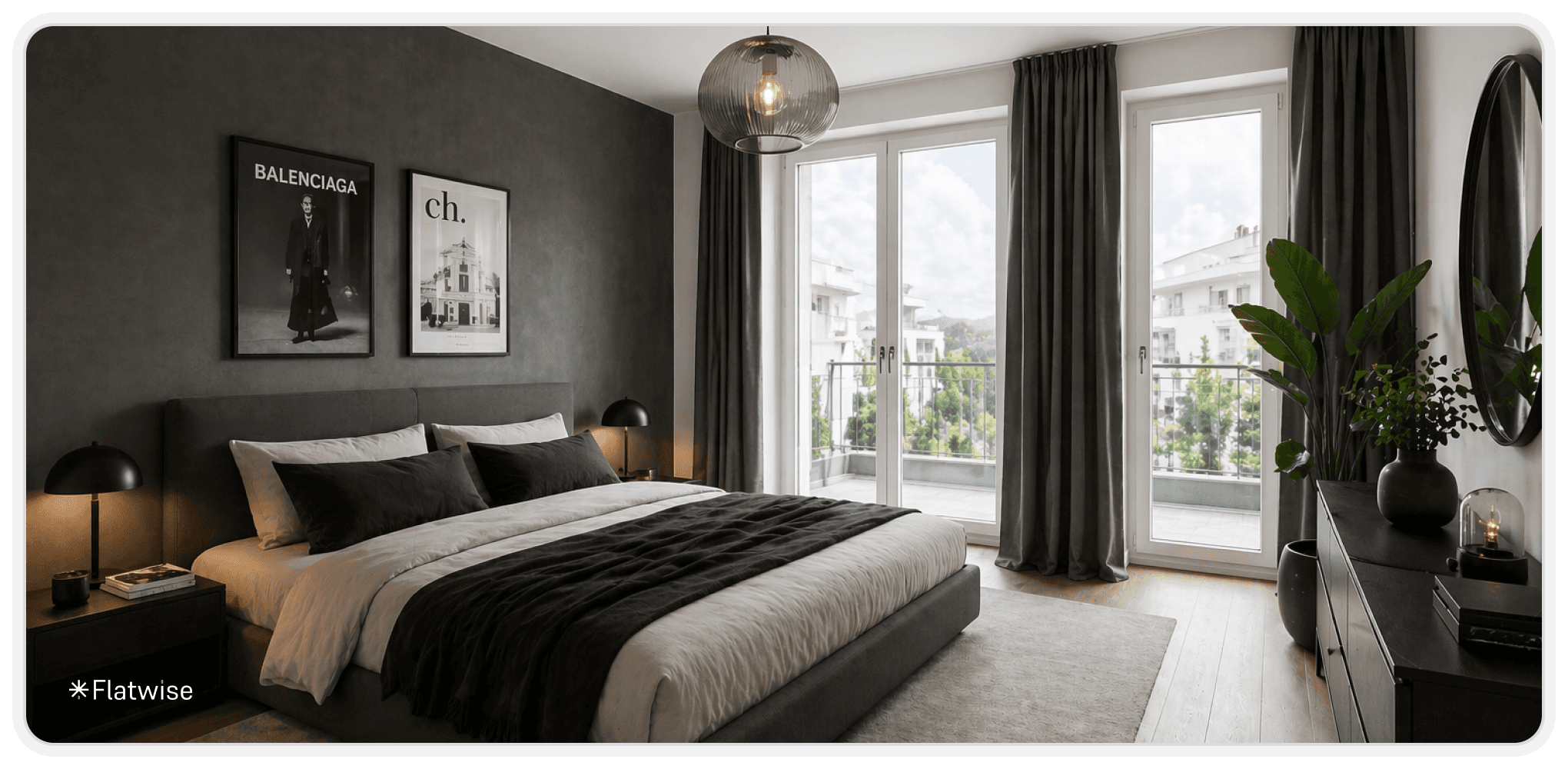 Modernes Schlafzimmer in einer Neubauwohnung mit dunklem Polsterbett, minimalistischer Einrichtung, großen Fenstern und Zugang zum Balkon.