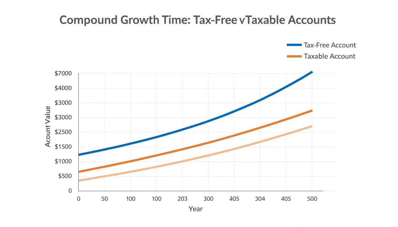 The image displays a graph comparing compound growth over time between tax-free accounts, such as Roth IRAs, and taxable accounts, highlighting the significant tax benefits and tax-free growth potential of retirement accounts. It visually emphasizes how tax deductions and tax-free contributions can lead to increased savings over the years.