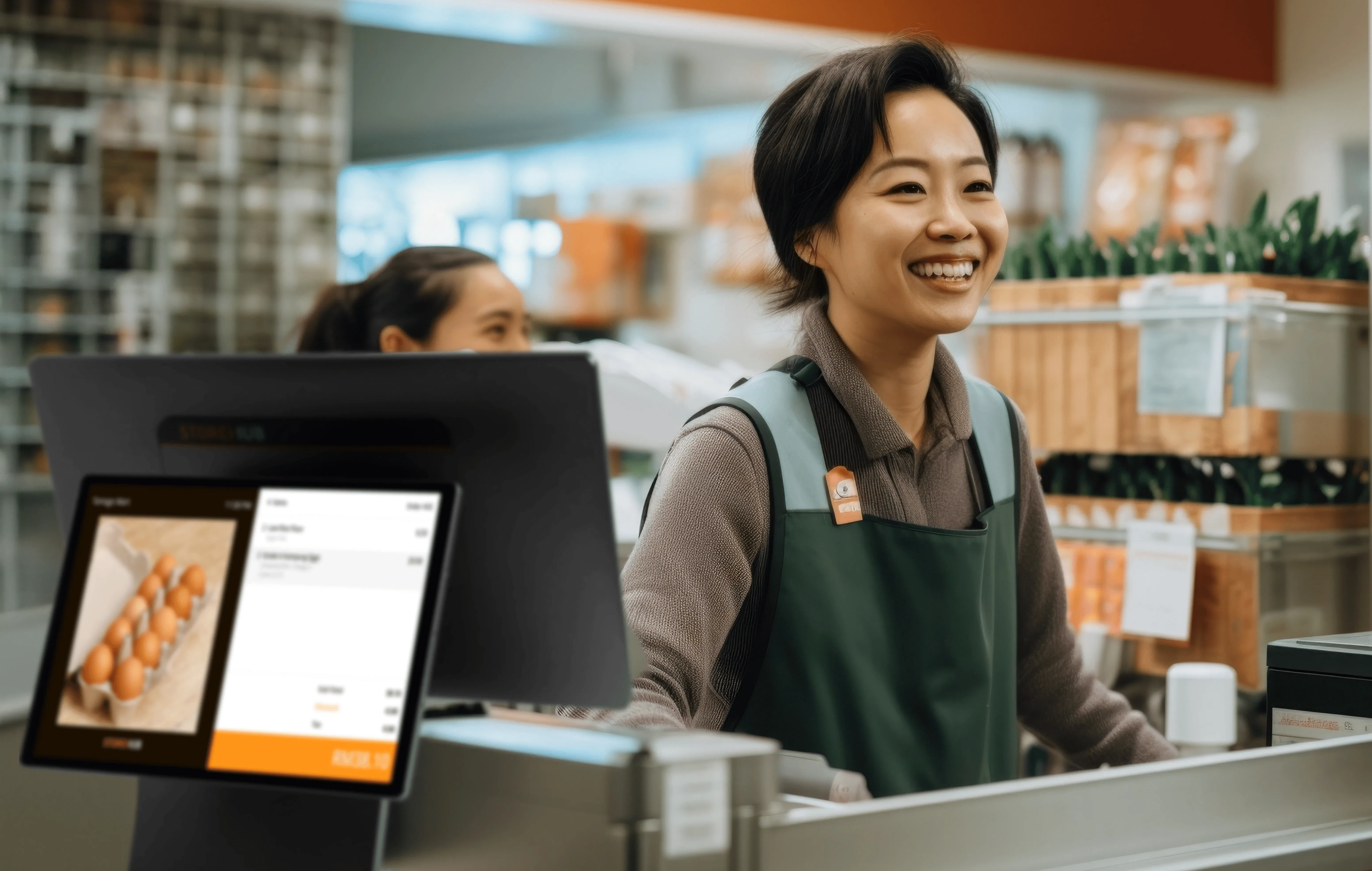 Malaysian grocery store staff using the StoreHub retail POS system for inventory management and checkout transactions.