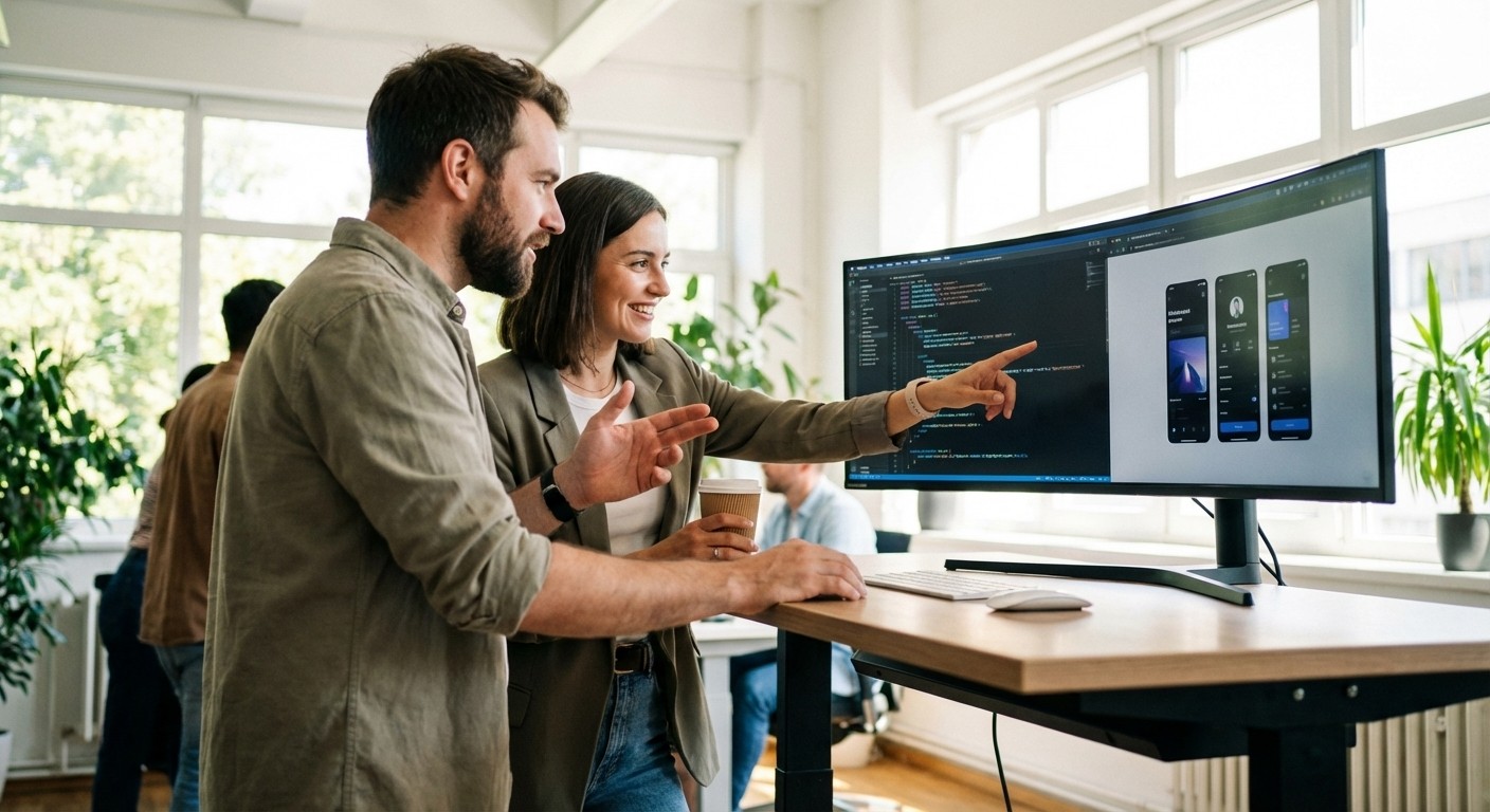 Zwei Entwickler diskutieren vor einem Monitor über neue Features und Code-Erweiterungen für eine Webanwendung in einem modernen Büro.