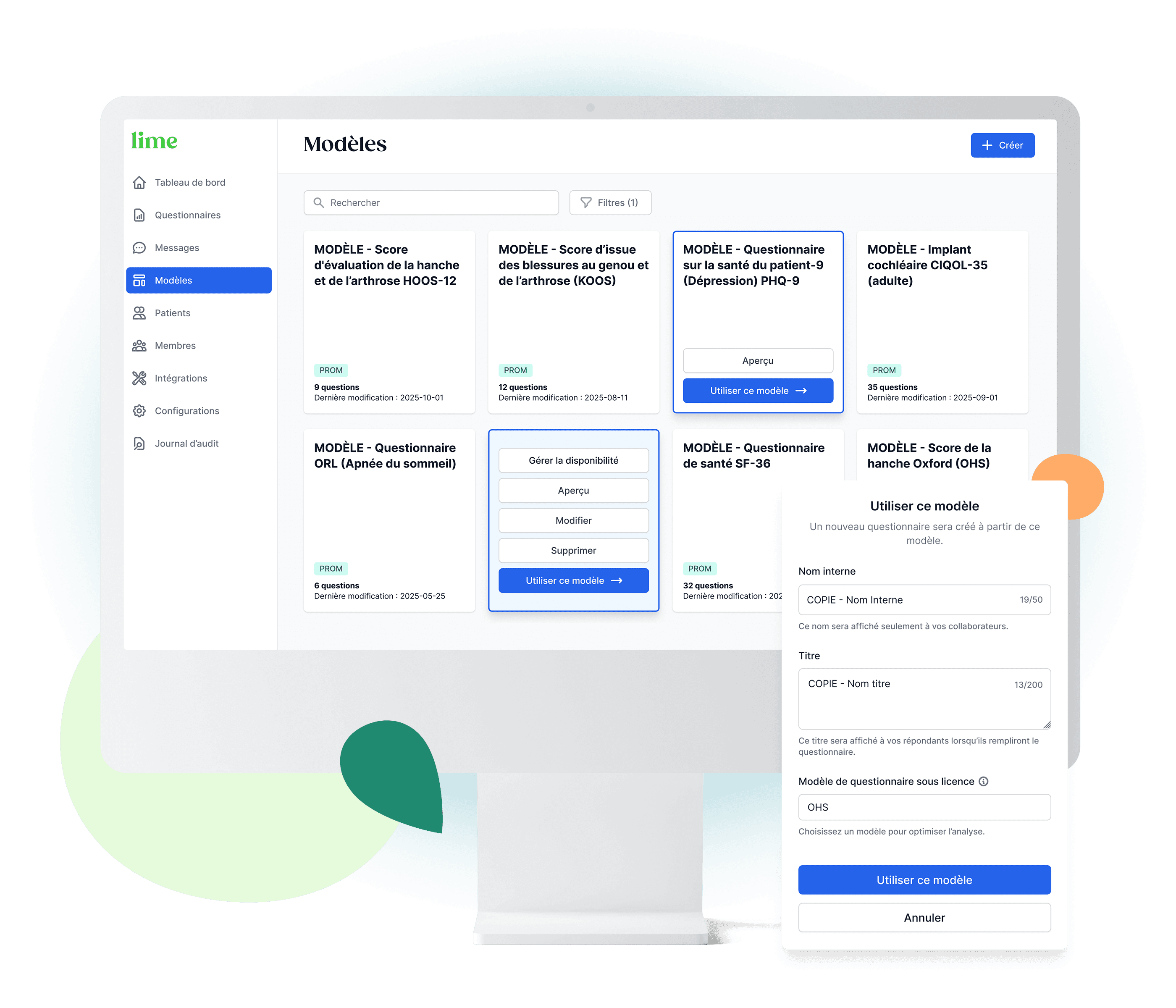 Modèles de questionnaires de santé Lime affichés sur un écran d'ordinateur avec différents modèles et paramètres.