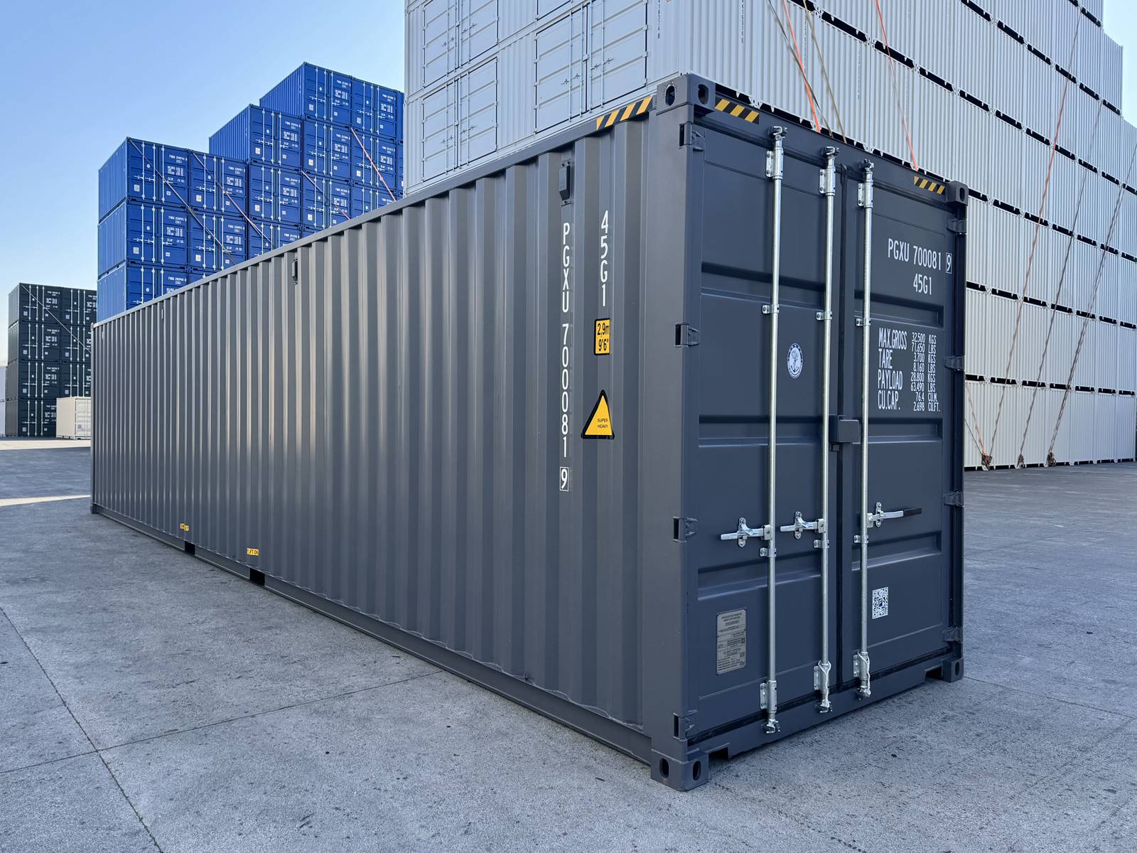 40' HC Charcoal Grey side view at the depot