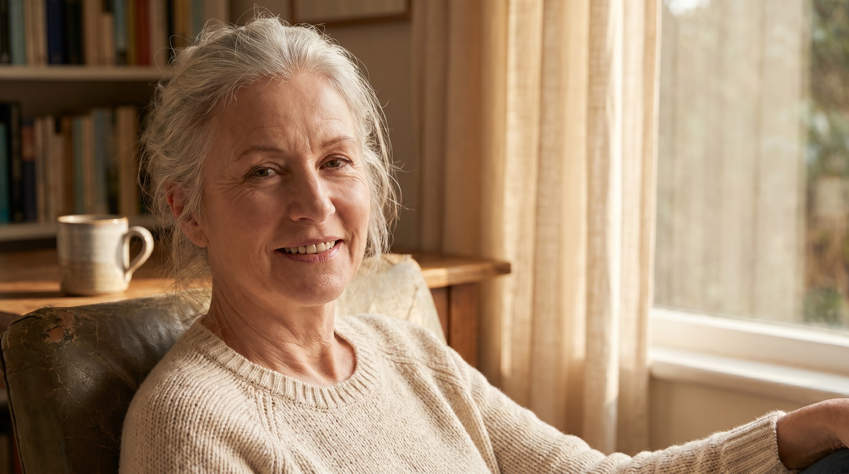 Older woman with silver hair smiling gently by a sunlit window at home