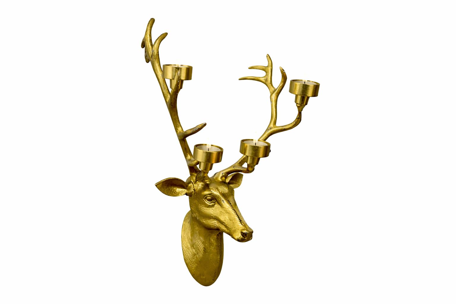 Wall mounted metal deer head with candle holders in gold finish
