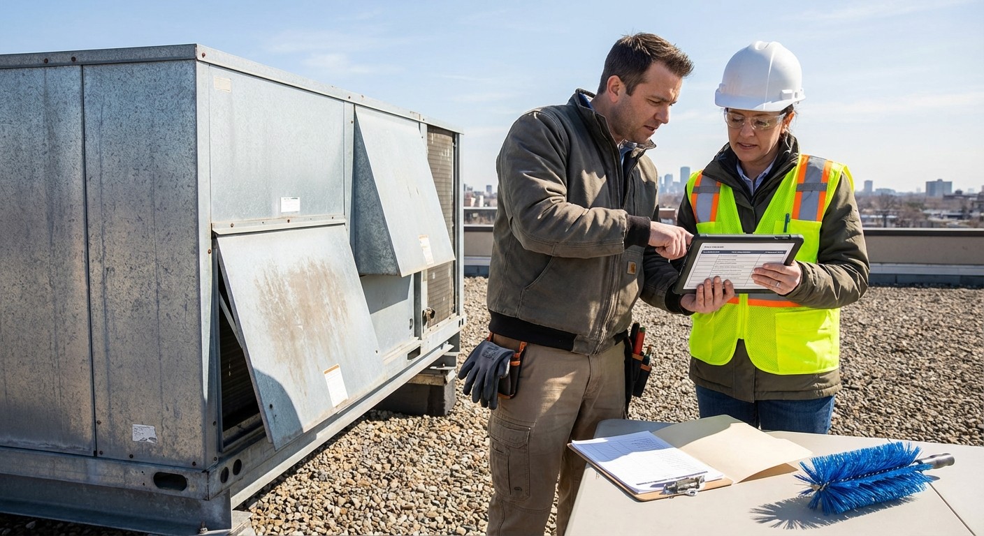 Commercial HVAC technicians reviewing project data and revenue tracking for performance measurement and ROI analysis