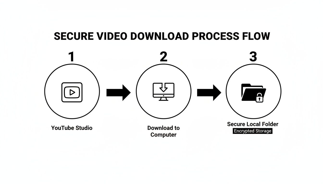 A three-step flow chart illustrating the secure video download process from YouTube Studio to encrypted local storage.