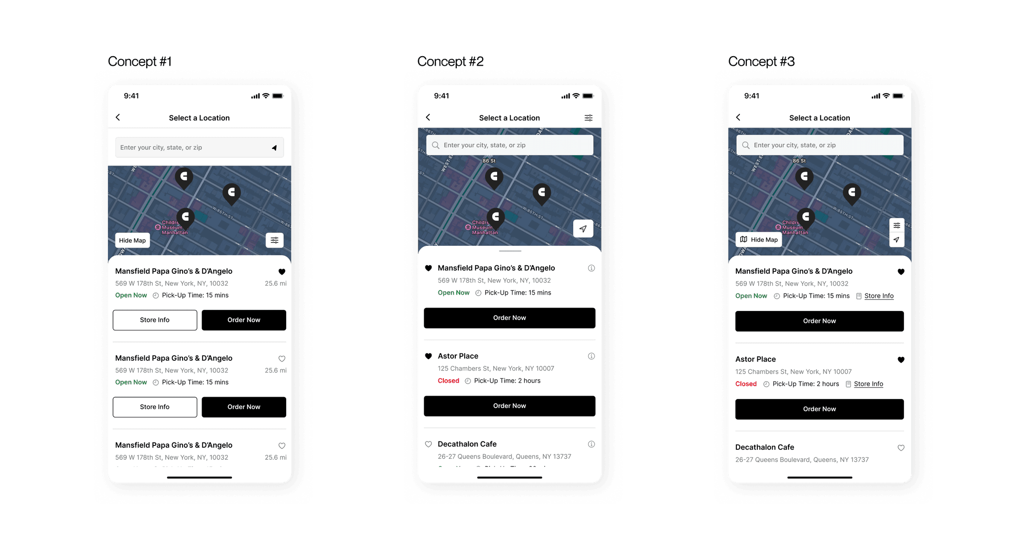 3 app mockups of different design directions