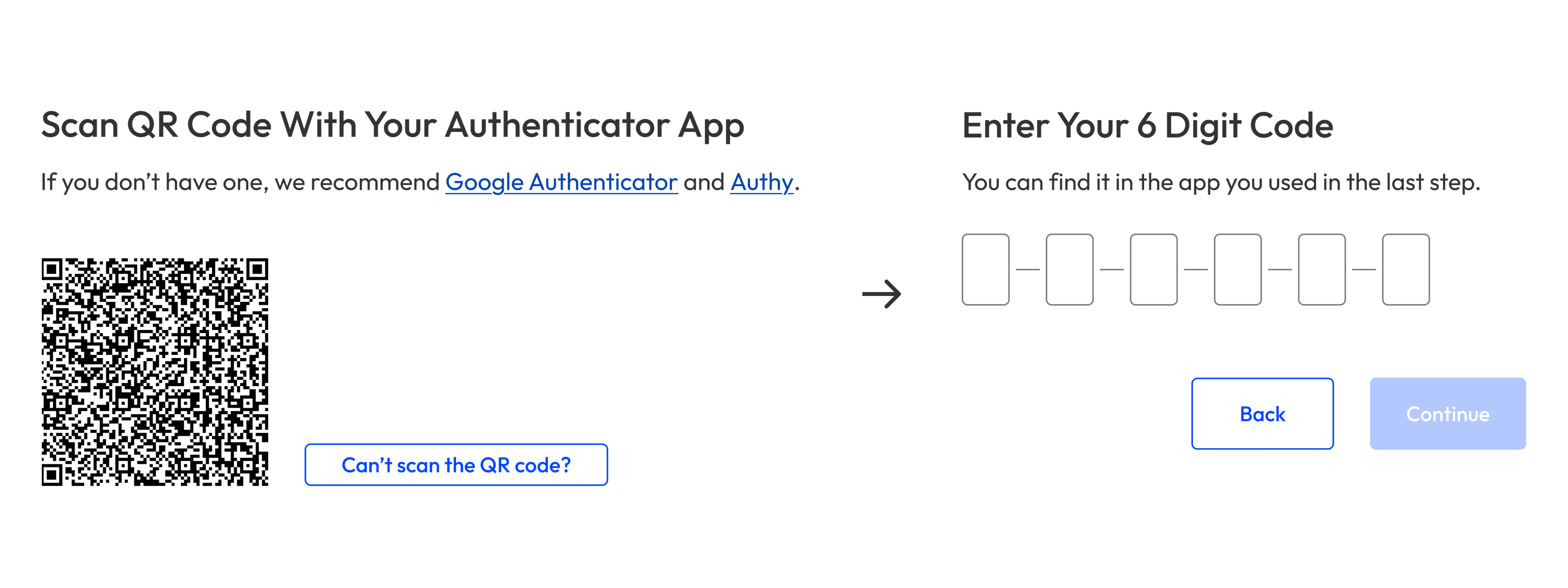 Designs showing the two step process to set up 2-factor authentication with an authenticator app.