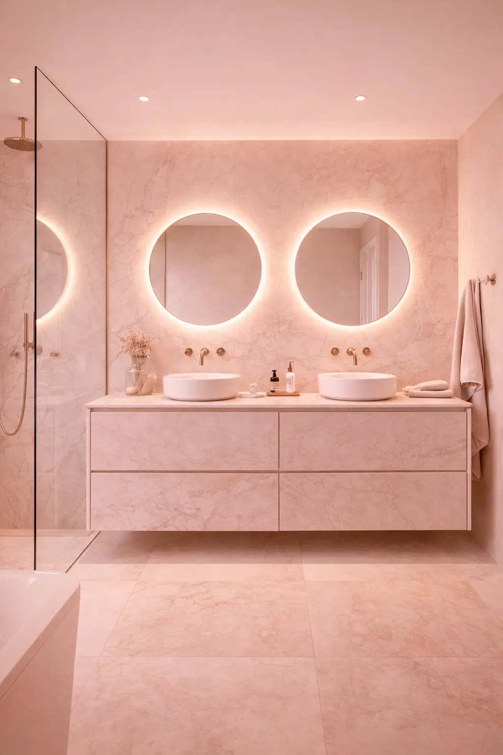 A luxury master bathroom following a professional deep cleaning service, featuring a spotless glass shower, polished marble walls, and glowing circular mirrors over a clean double vanity.