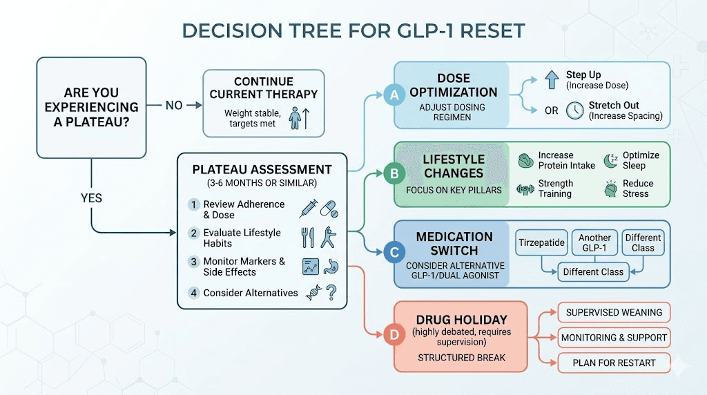 Decision flowchart for choosing the right GLP-1 reset strategy