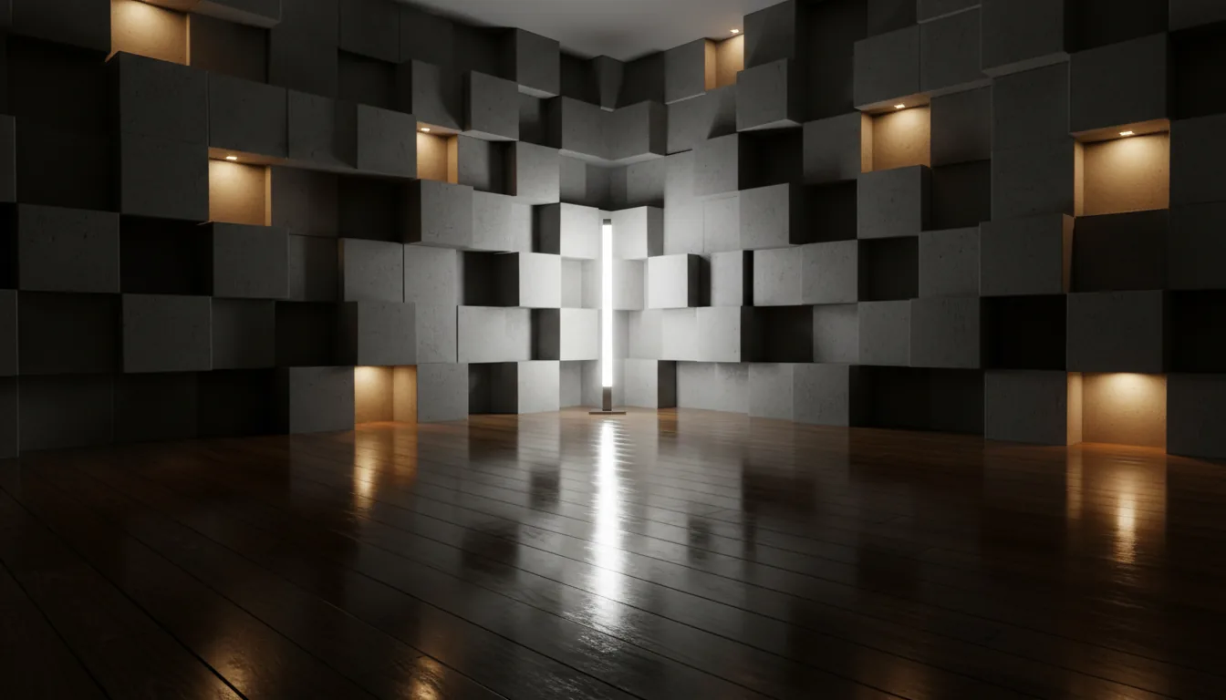 High-fidelity 3D architectural render created in Twinmotion, photorealistic Unreal Engine quality. An interior scene featuring a modern room corner with high-gloss dark hardwood floors showing strong, clear reflections. A wall is an installation of stacked, offset matte grey cubes, with several cubes glowing with warm, diffused light. In the foreground, a tall, rectangular pillar light emits a bright, cool-white glow. The scene is characterized by deep shadows and cinematic contrast, with soft global illumination highlighting the textures of the wood and metal. Eye-level wide-angle shot.