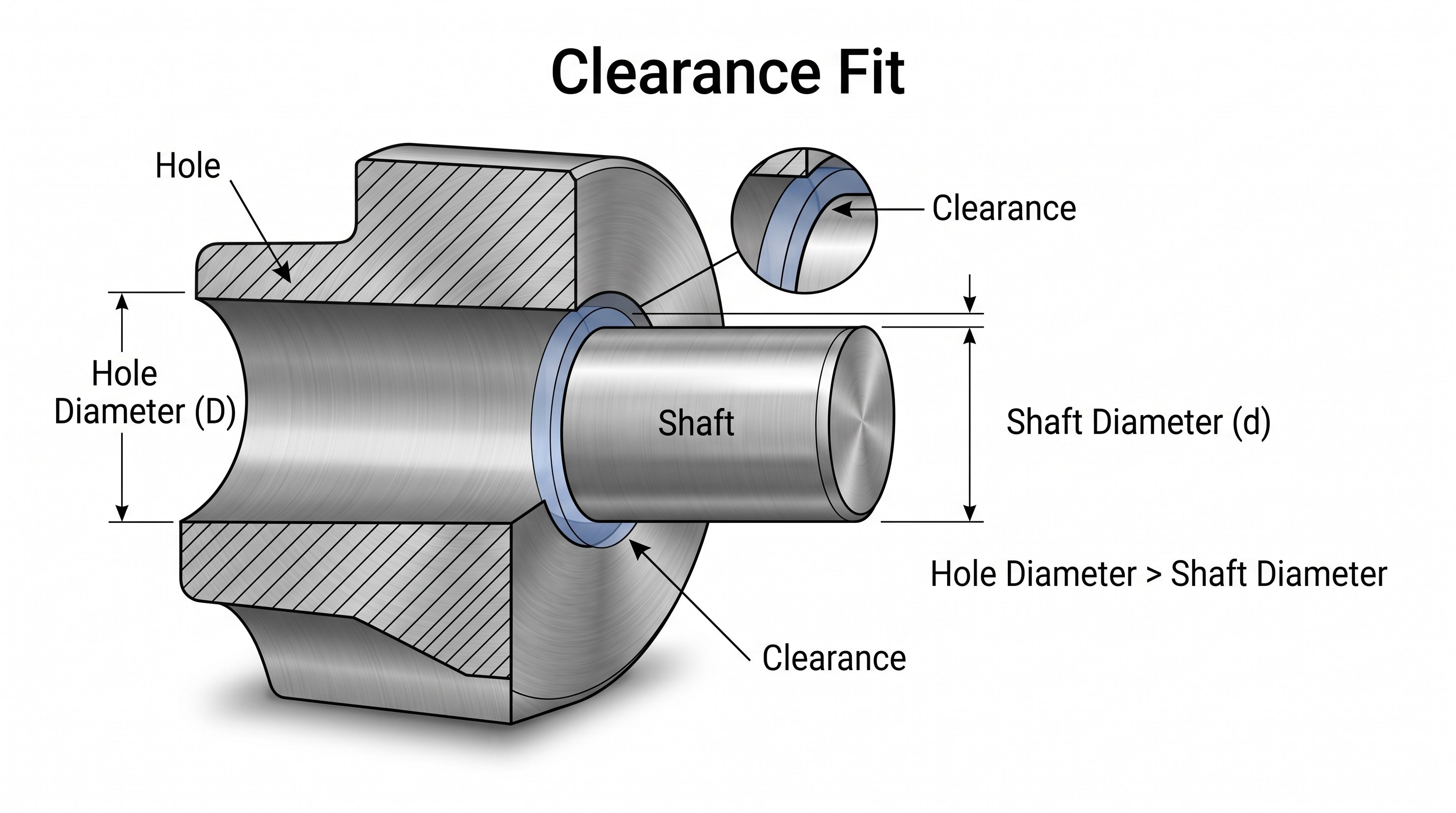 Cross-sectional illustration of a clearance fit showing a shaft smaller than its mating hole with a highlighted blue gap representing positive clearance.