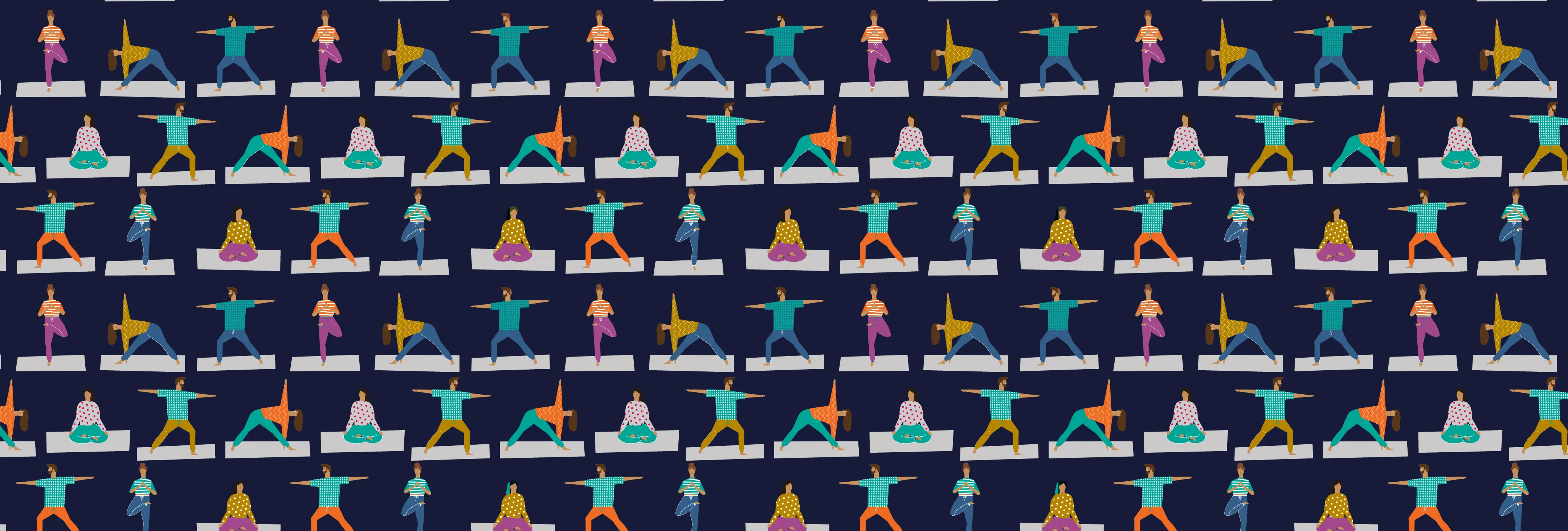 Illustration pattern of diverse people practising yoga poses representing flexibility and team movement
