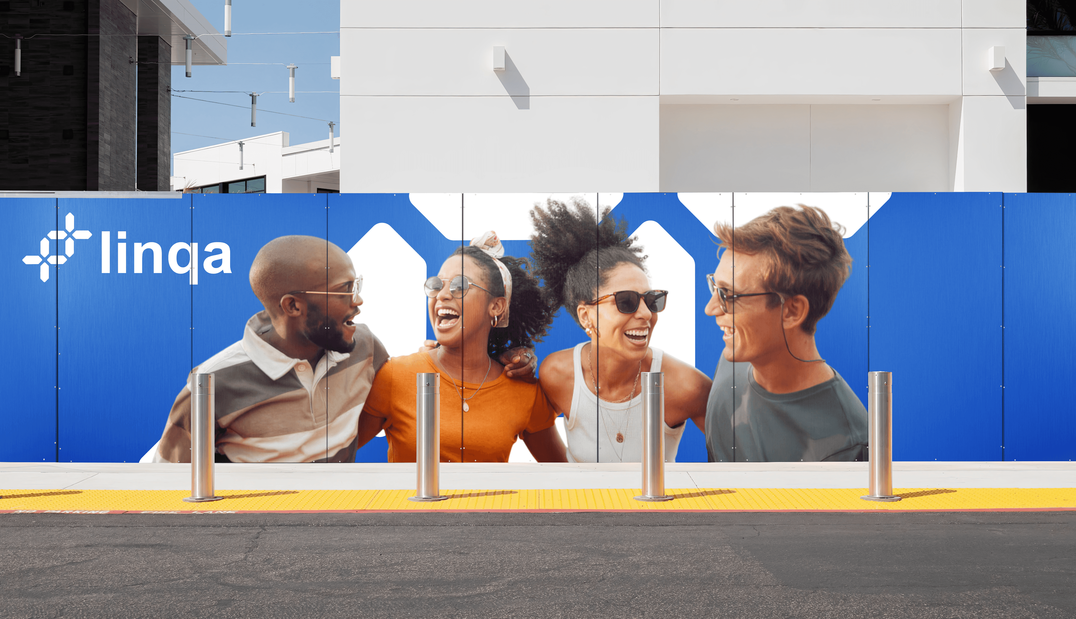 People connecting and laughing together in front of a Linqa billboard, illustrating AI-powered social discovery and real human connection.