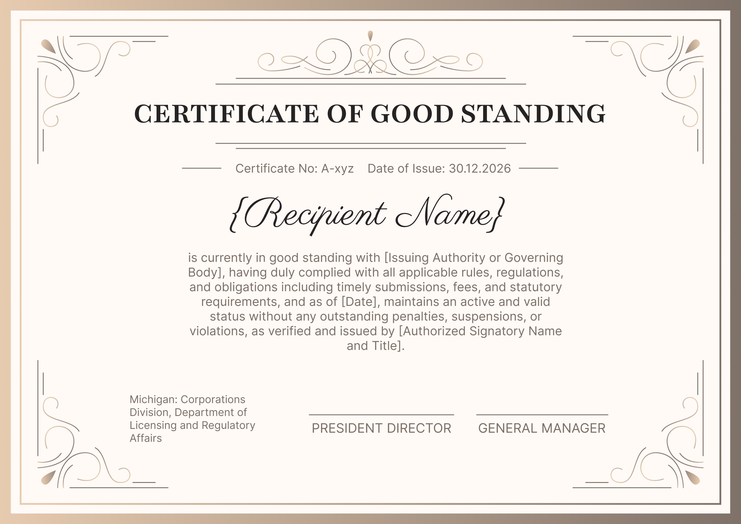 Wauld - Ornate and professional certificate of good standing template