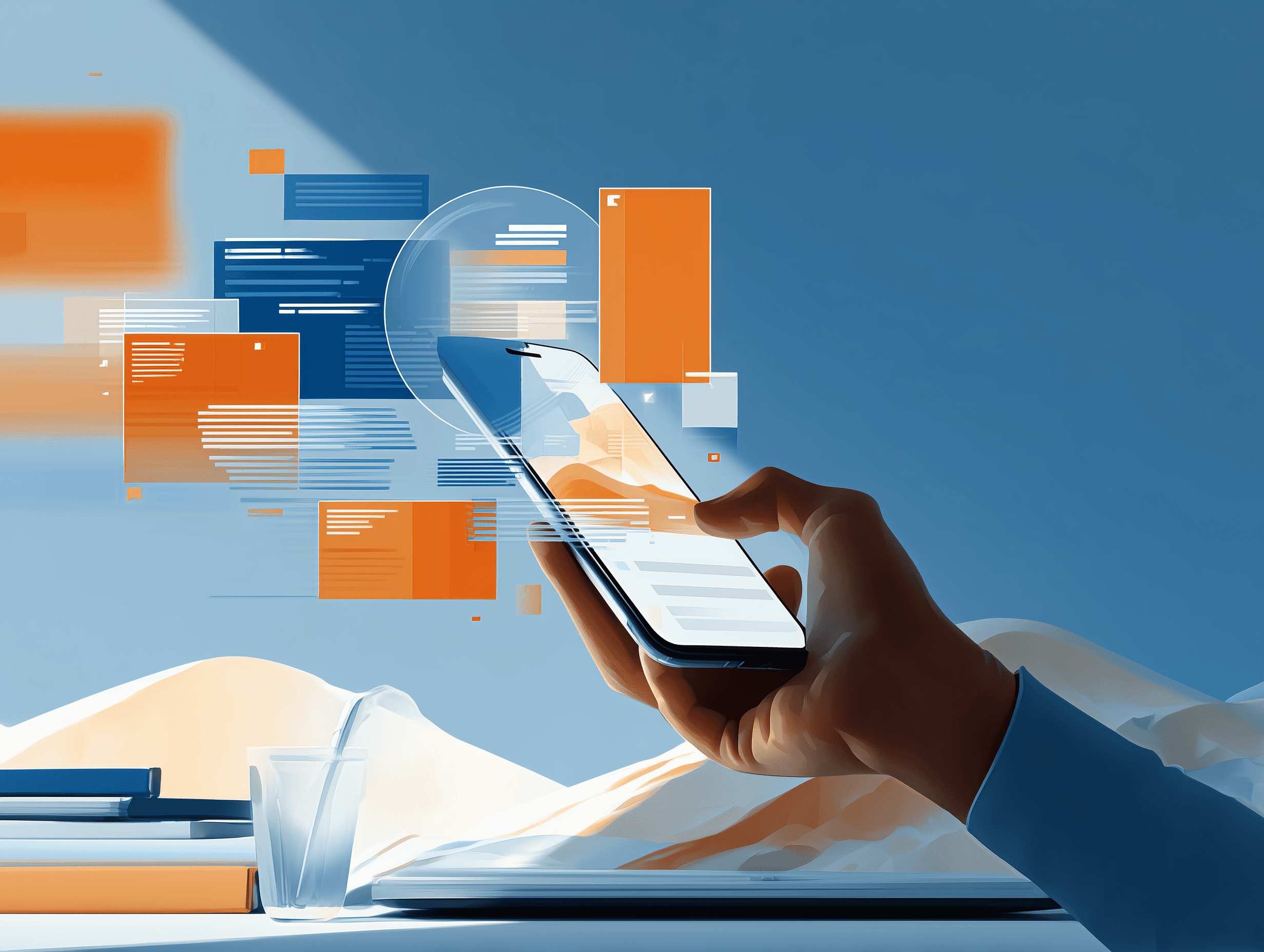 A hand holds a smartphone as digital data blocks and UI elements float above it in a modern tech environment.
