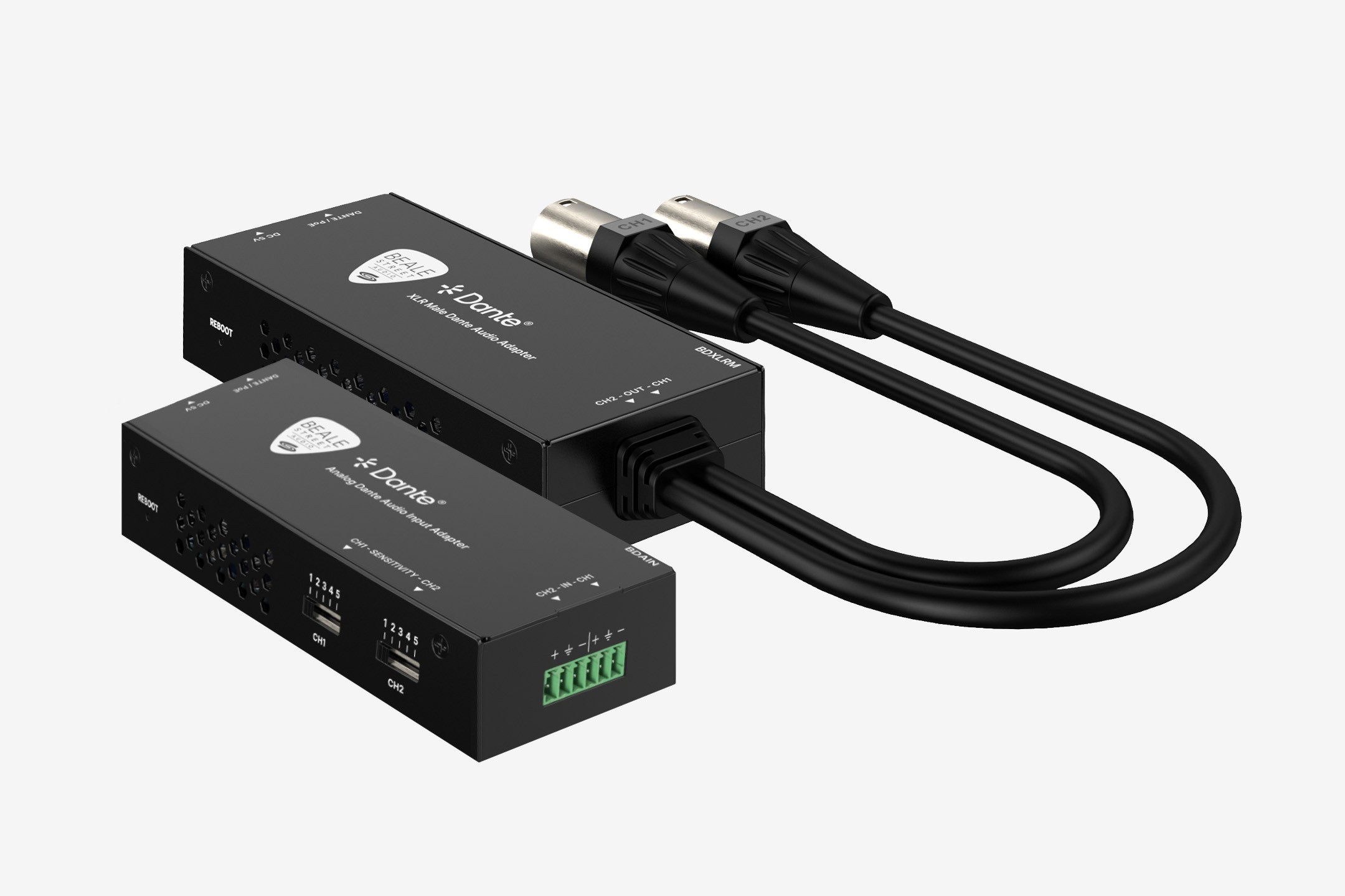 Product photo of Vanco/Beale Street Audio Dante adapters—an XLR male Dante audio adapter and a two-channel analog Dante input adapter with terminal block connectors for Audio over IP systems.