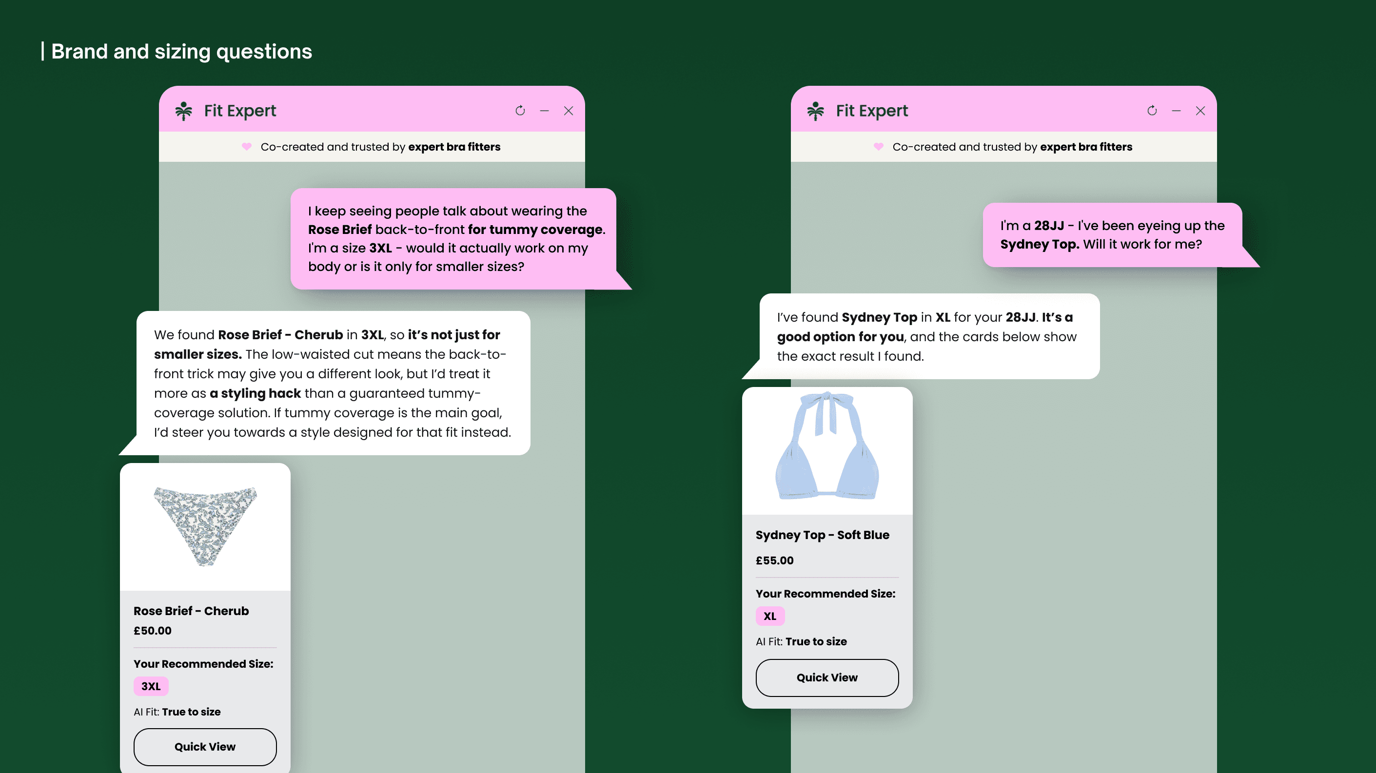 Brarista's chatbot on the JUNK LDN site, translating a shopper's usual bra size into JUNK's own sizing
