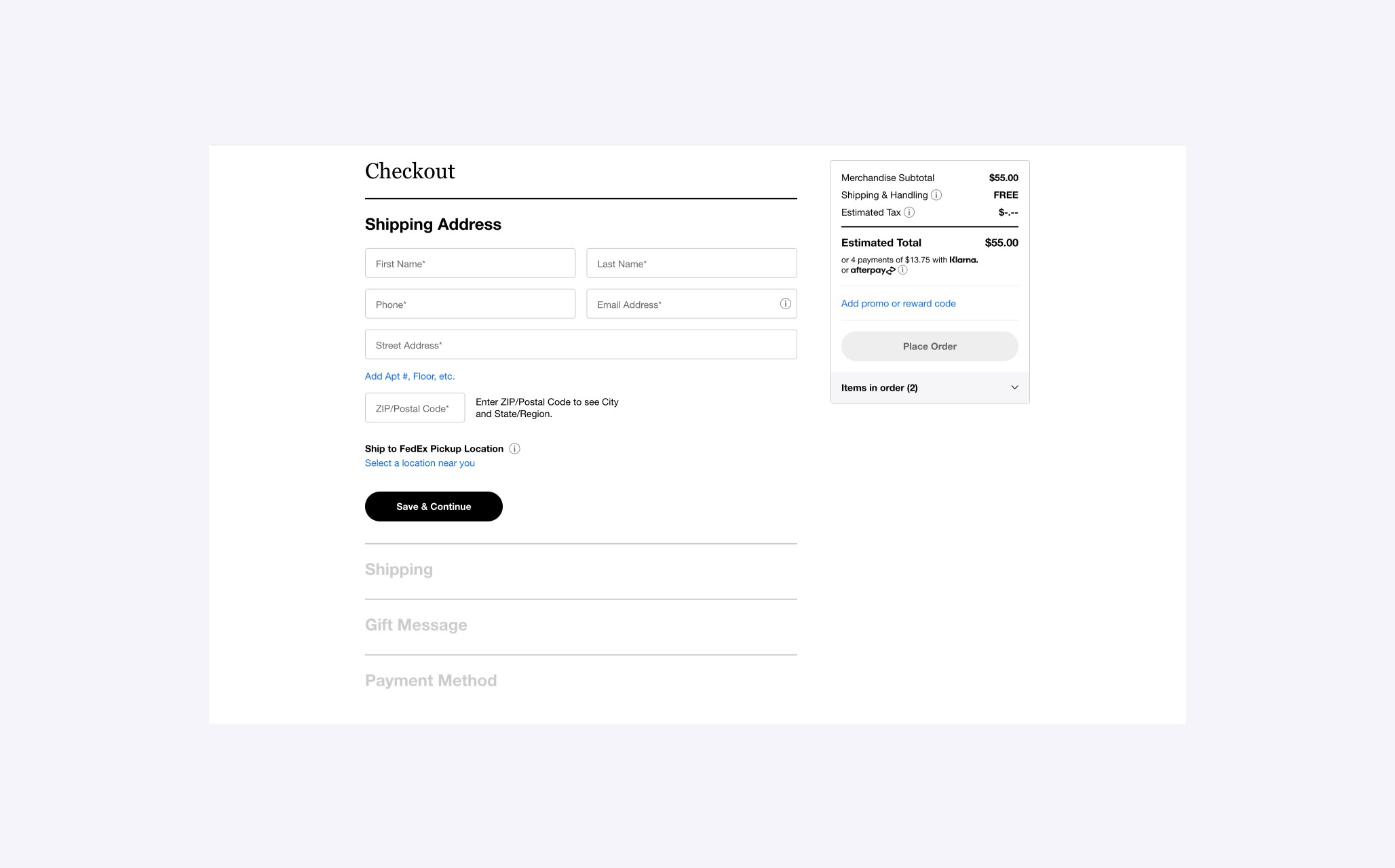 Ecommerce website checkout page screen