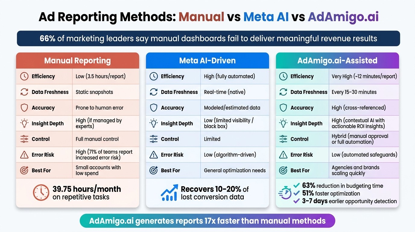 Manual vs Meta AI vs AdAmigo.ai: Ad Reporting Compared
