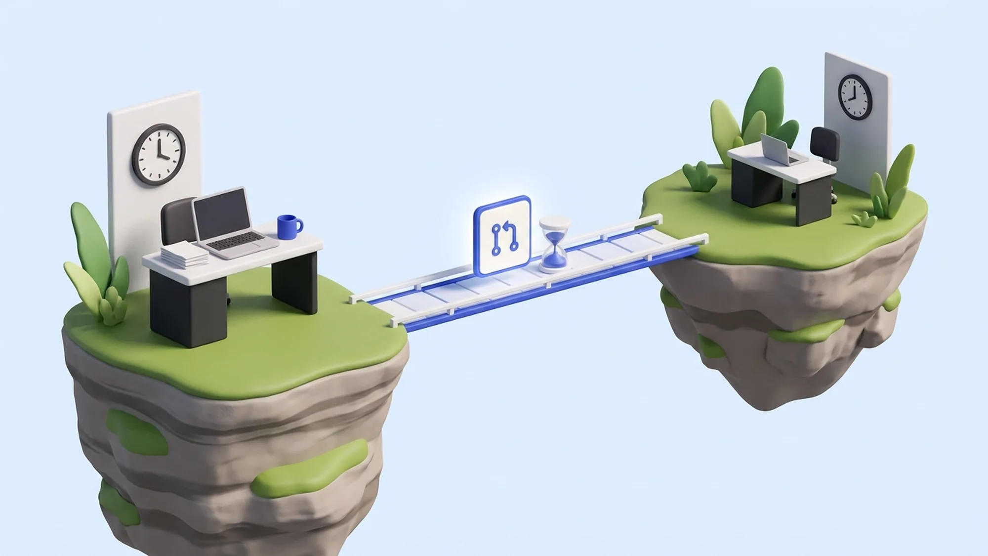 Illustration 3D de l'asynchronisme toxique entre équipes remote situées dans des fuseaux différents